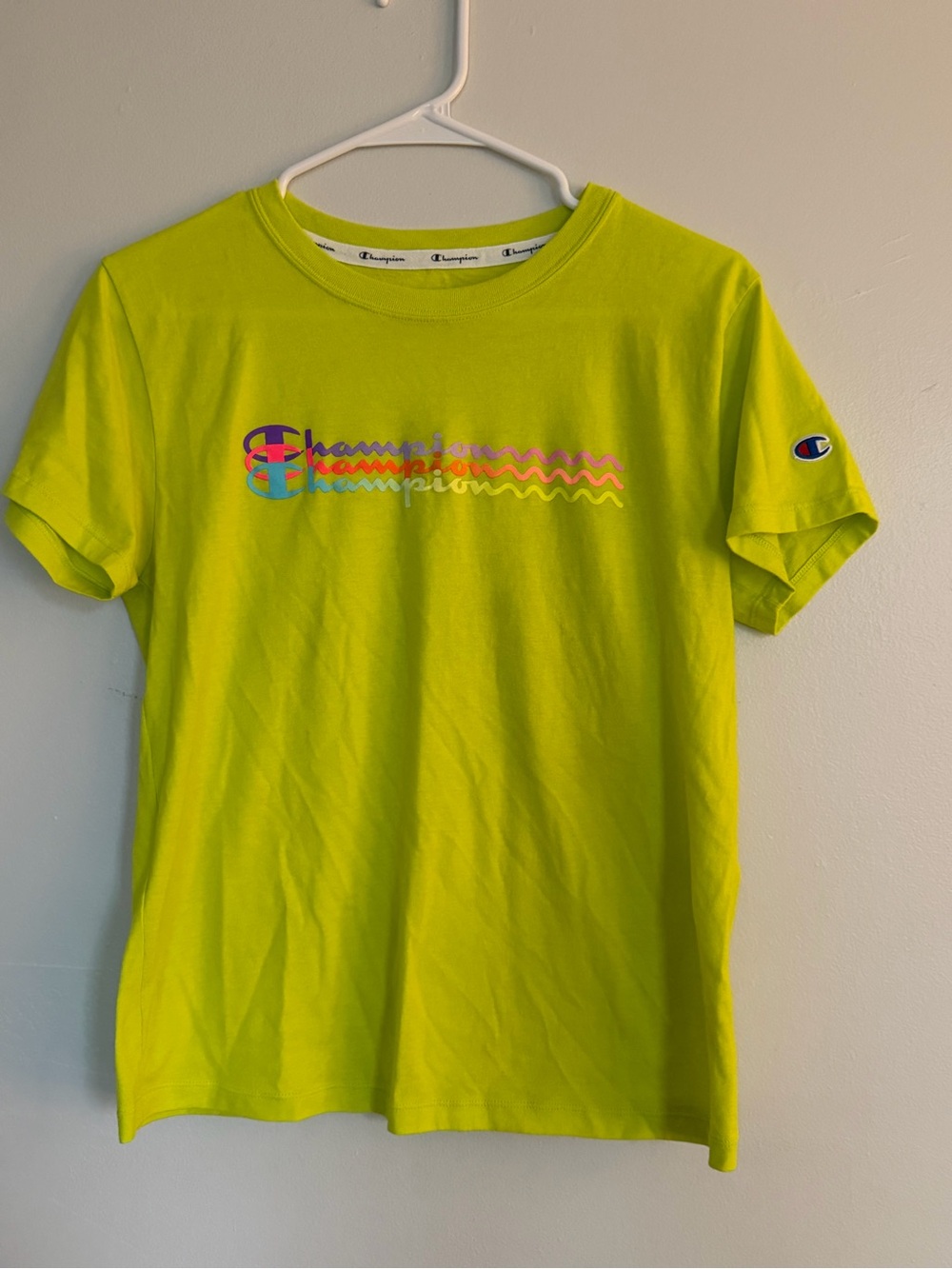 Champion Neon Lime Short Sleeve Multi-Color Logo Tee
